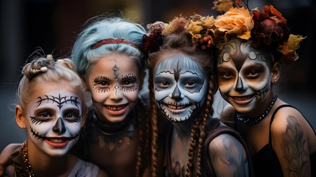 Um grupo de crianças com rostos pintados está posando para uma foto.