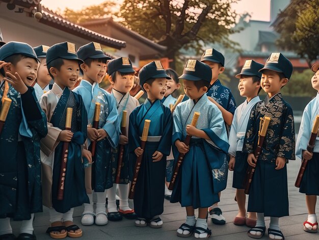 Foto um grupo de crianças com roupas tradicionais e uma banda de outras crianças