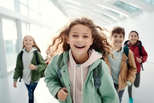 Um grupo de crianças com um sorriso de mochila entusiasmado com o passado escolar