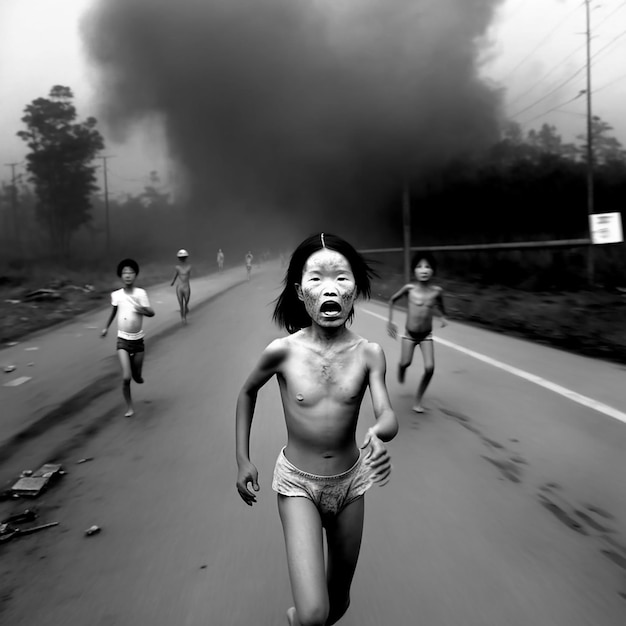 Um grupo de crianças corre por uma estrada com uma nuvem negra atrás delas.