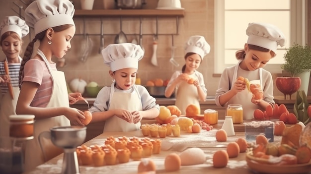 Um grupo de crianças cozinhando em uma cozinha