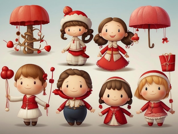 um grupo de crianças de desenho animado vestidas com trajes de Natal e segurando guarda-chuvas