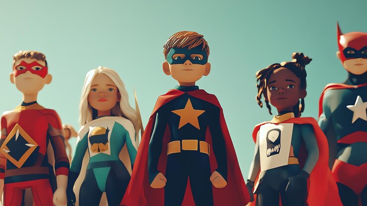 Foto um grupo de crianças de desenhos animados disfarçadas de super-heróis estão juntas