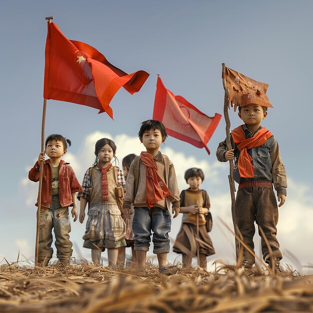 um grupo de crianças de pé em um campo com bandeiras vermelhas