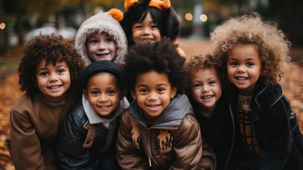 Foto um grupo de crianças de várias raças comemora juntos o dia das bruxas vestindo trajes de férias