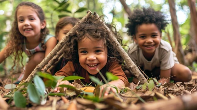 Um grupo de crianças deitadas no chão entre as árvores em um cenário pacífico da floresta