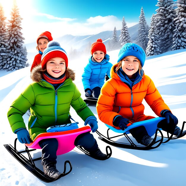 Um grupo de crianças descendo de trenó por uma colina coberta de neve