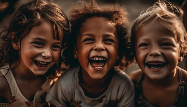 Um grupo de crianças despreocupadas sorrindo e brincando juntas ao ar livre geradas por IA
