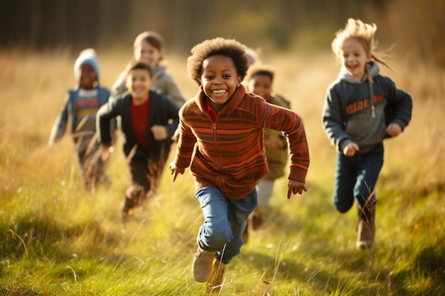 Um grupo de crianças diversas brincando ao ar livre