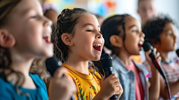 Foto um grupo de crianças diversas cantando karaoke juntas, todas sorrindo e se divertindo. o foco é em uma menina no centro da imagem.