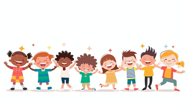 Foto um grupo de crianças diversas de mãos dadas e sorrindo