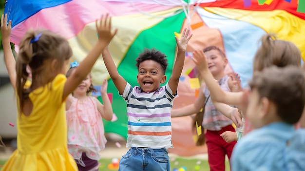 Foto um grupo de crianças diversas está brincando com um pára-quedas em um parque, todas sorrindo e se divertindo.