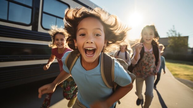 Foto um grupo de crianças em idade escolar correndo no fundo de um ônibus escolar criado com tecnologia generative ai