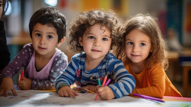 Um grupo de crianças em idade pré-escolar sentadas em uma mesa no fundo da aula