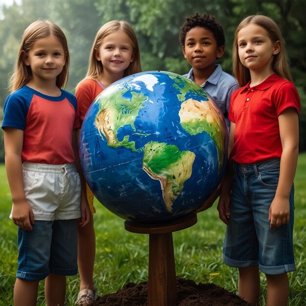 um grupo de crianças em torno de um globo com o mundo nele