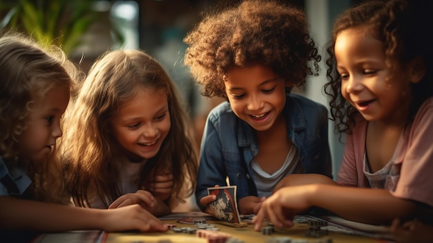 Um grupo de crianças envolvidas em um jogo de tabuleiro IA generativa