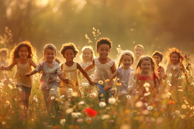 Um grupo de crianças está correndo por um campo de flores