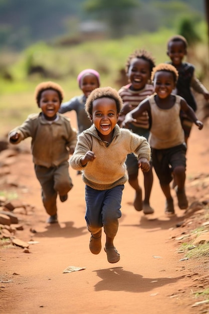 Foto um grupo de crianças está correndo por uma estrada de terra.