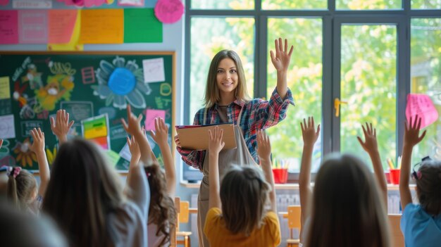 Um grupo de crianças está levantando as mãos em uma sala de aula para responder a uma pergunta AIG41