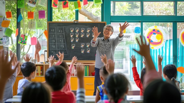 Um grupo de crianças está levantando as mãos em uma sala de aula para responder a uma pergunta AIG41