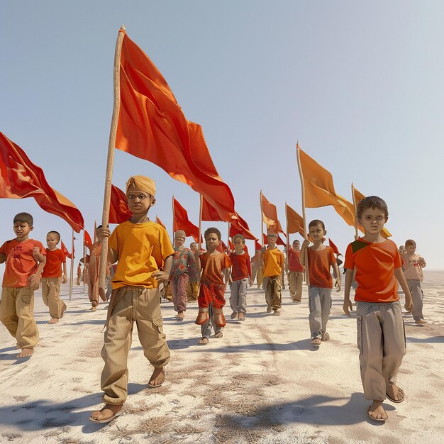 Um grupo de crianças está marchando em um desfile.