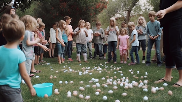 Um grupo de crianças está reunido em torno de um balde azul com a palavra páscoa.