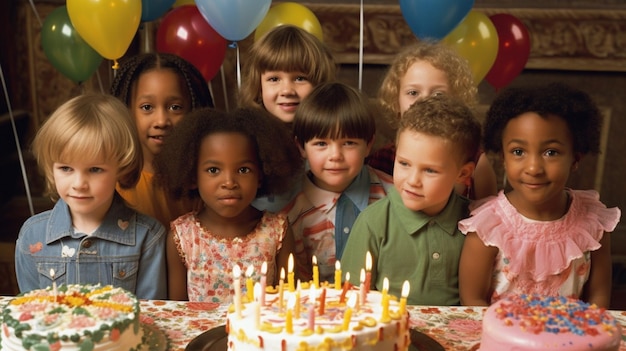 Um grupo de crianças está reunido em torno de um bolo de aniversário com as palavras "feliz aniversário" na frente.
