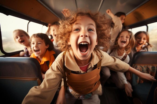 Um grupo de crianças está rindo e rindo em um ônibus.