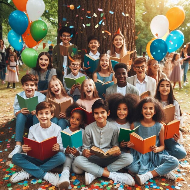 Foto um grupo de crianças estão sentadas no chão com livros e balões