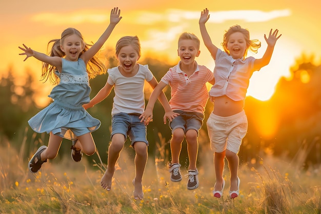 Foto um grupo de crianças felizes a saltar no prado de verão.