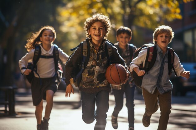 Um grupo de crianças felizes de meninos e meninas correr no parque em um dia de verão ensolarado o conceito de amizade étnica paz bondade infância