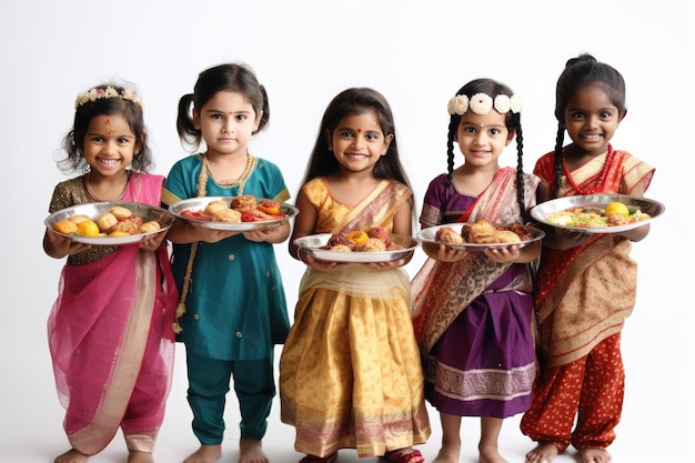 Um grupo de crianças indianas posando com pratos de comida