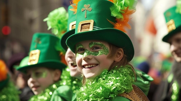 um grupo de crianças pequenas vestindo chapéus verdes