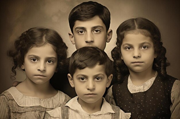 um grupo de crianças posando para uma foto com um deles tem uma foto de um menino e uma menina