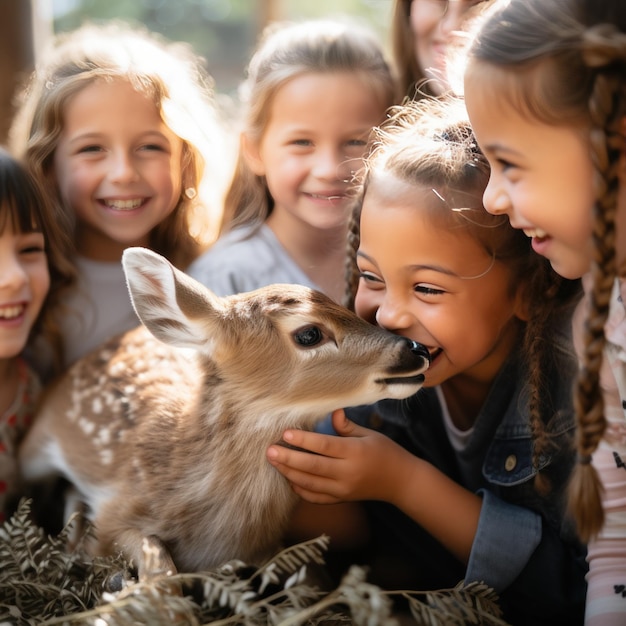 Foto um grupo de crianças reunidas em torno de um cervo bebê sorrindo e acariciando suavemente sua pele macia