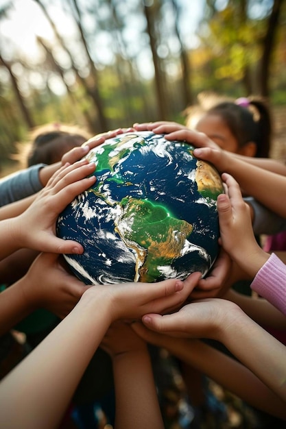 Foto um grupo de crianças segurando um globo nas mãos