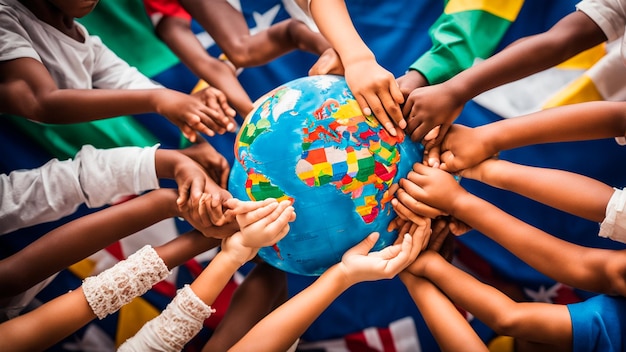 Foto um grupo de crianças segurando um globo que tem a palavra mundo nele