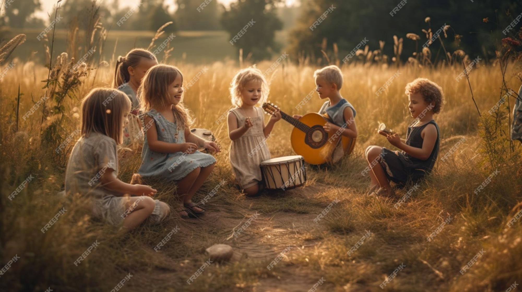 Crianças que jogam a música em um campo