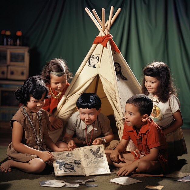 Um grupo de crianças sentadas em torno de uma tenda com um livro intitulado a palavra sobre ele