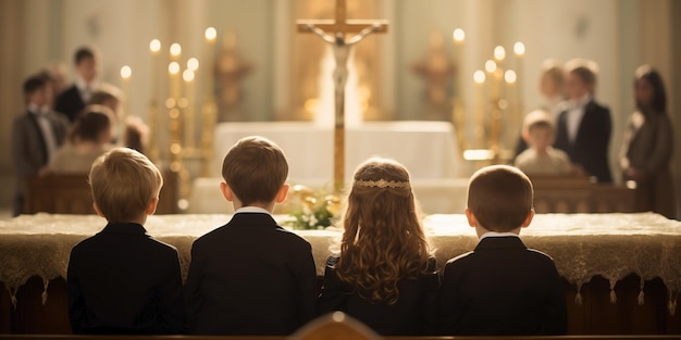 Foto um grupo de crianças sentadas em um altar com uma cruz no fundo