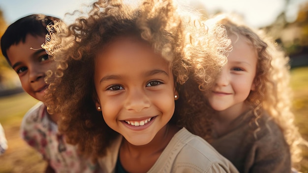 Um grupo de crianças sorridentes na escola primária ao ar livre