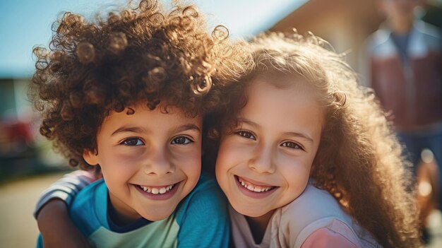 Um grupo de crianças sorridentes na escola primária ao ar livre