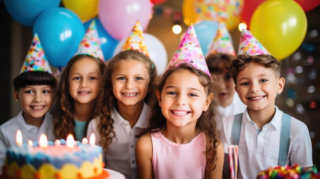 Um grupo de crianças sorridentes usando chapéus de festa e segurando balões coloridos com um bolo de aniversário