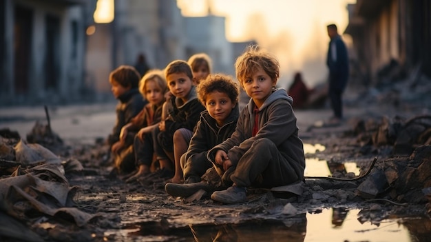 Um grupo de crianças tristes e chorosas sentadas em meio às ruínas ao pôr-do-sol