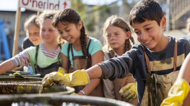 Um grupo de crianças usando luvas e avental se reúnem ansiosamente em torno de um grande tanque cheio de líquido