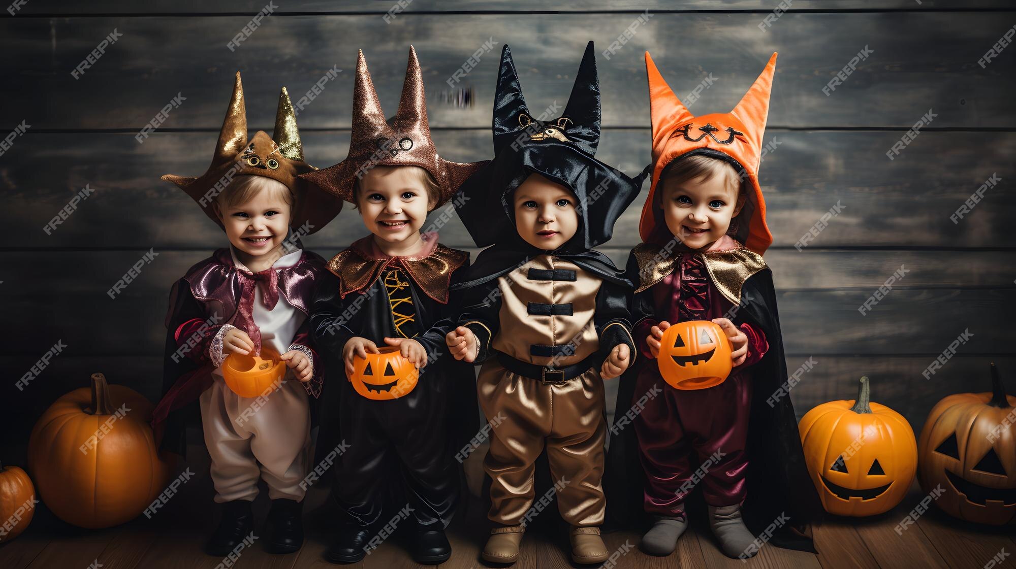 Crianças Na América Celebram O Dia Das Bruxas Engraçado Grupo De Amigos  Crianças Numa Fantasia De Halloween Na Festa De Halloween Foto de Stock -  Imagem de bonito, livro: 161170756