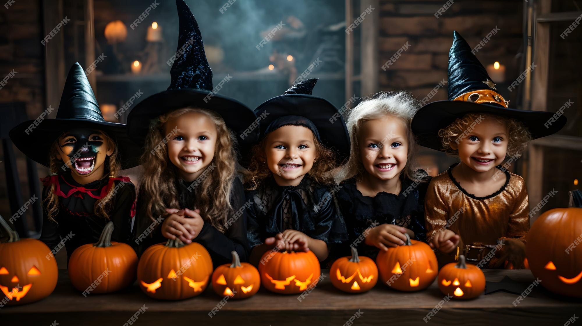 Crianças Na América Celebram O Dia Das Bruxas Engraçado Grupo De Amigos  Crianças Numa Fantasia De Halloween Na Festa De Halloween Foto de Stock -  Imagem de bonito, livro: 161170756