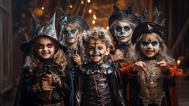 Um grupo de crianças vestidas com fantasias de Halloween