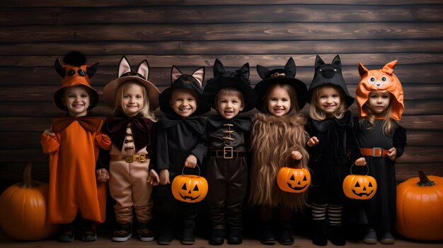 Um grupo de crianças vestidas com fantasias de Halloween