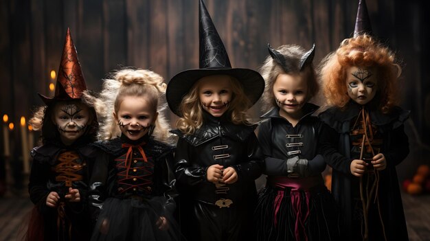 Um grupo de crianças vestidas com fantasias de Halloween